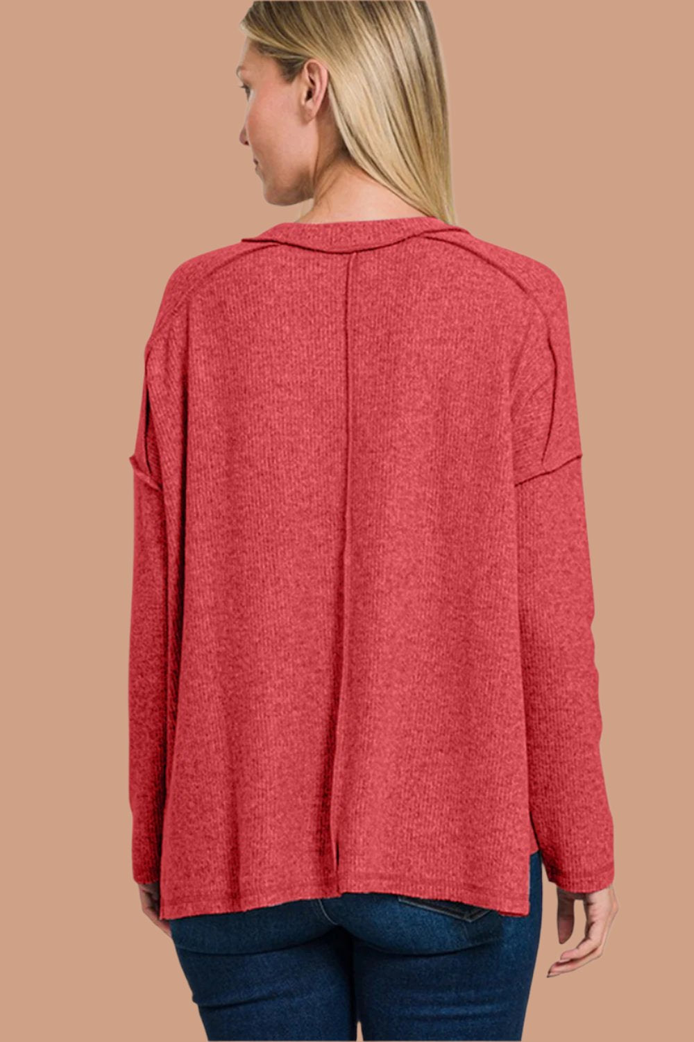 Zenana Exposed Seam Brushed Round Neck Sweater