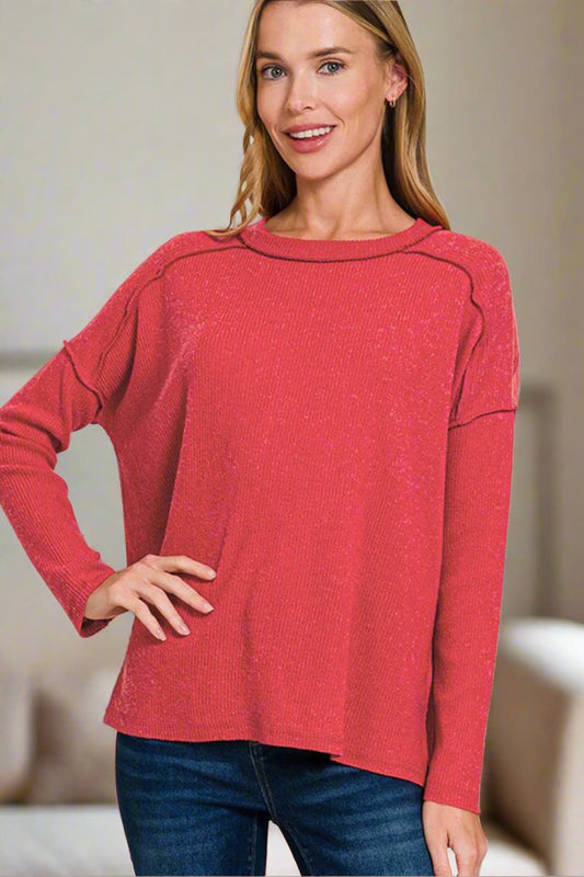 Zenana Exposed Seam Brushed Round Neck Sweater