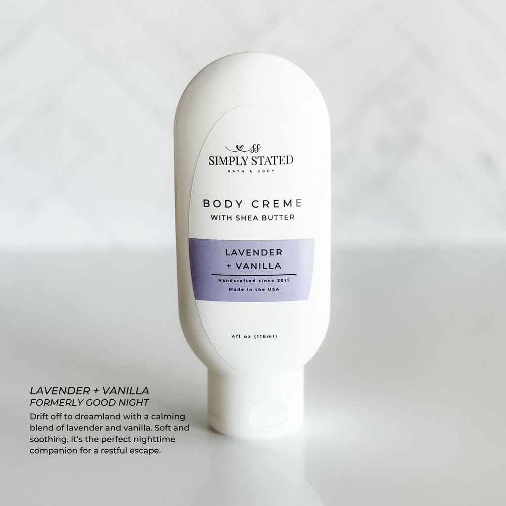 Simply Stated Bath & Body 4oz Aromatherapy Body Creme in Lavender + Vanilla with new packaging. A calming blend designed for a restful escape and soothing self-care.