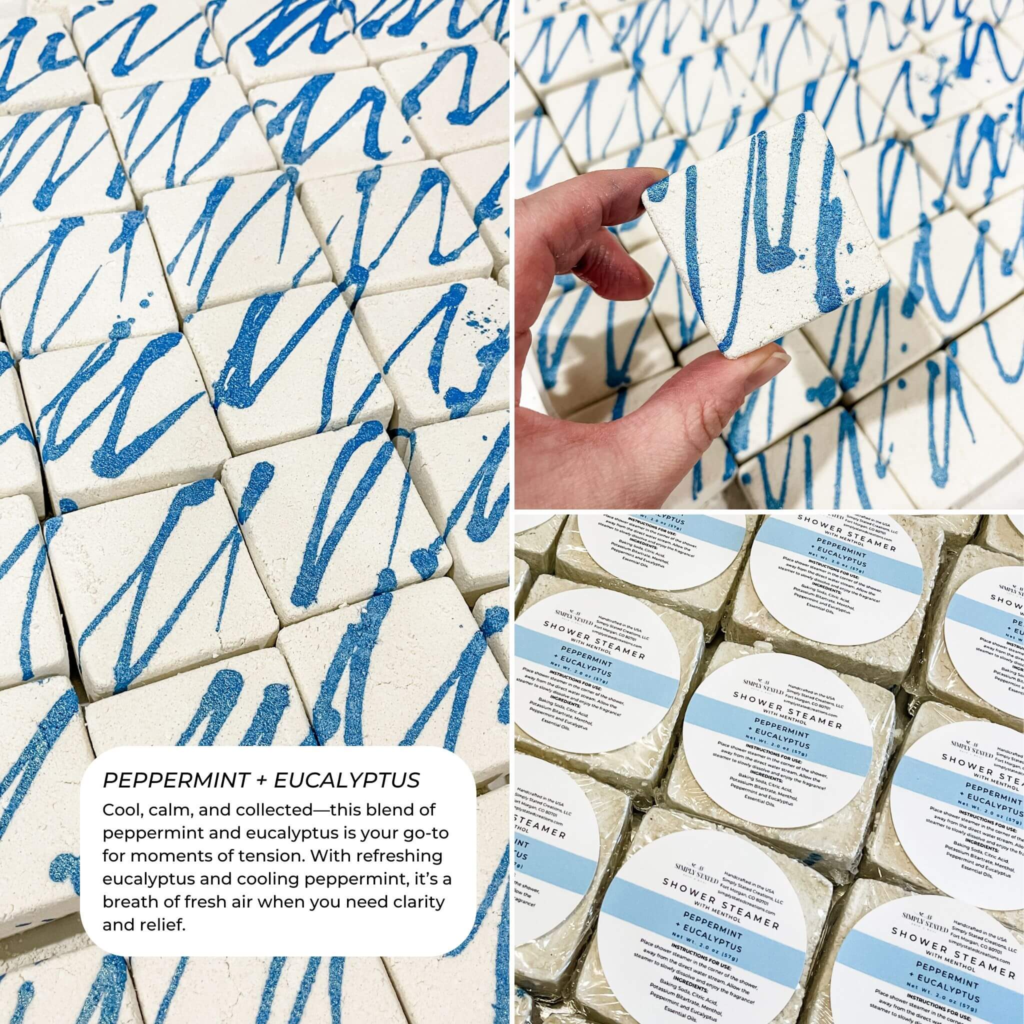 Simply Stated Bath & Body mentholated shower steamers in Peppermint + Eucalyptus. Refreshing and clarifying, this cooling blend helps relieve tension and invigorate the senses. A must-have for a rejuvenating shower experience.