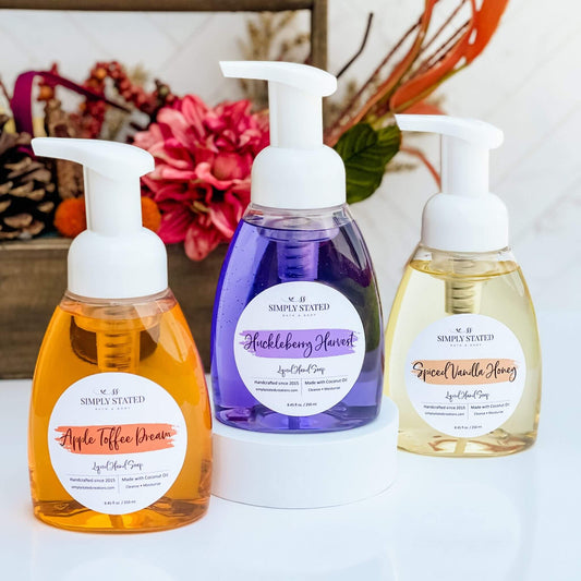 Experience the warmth of fall with every wash using our Autumn Vibes Foaming Hand Soap. Rich lather, gentle cleansing, and the delightful scents of autumn encapsulated in every pump.