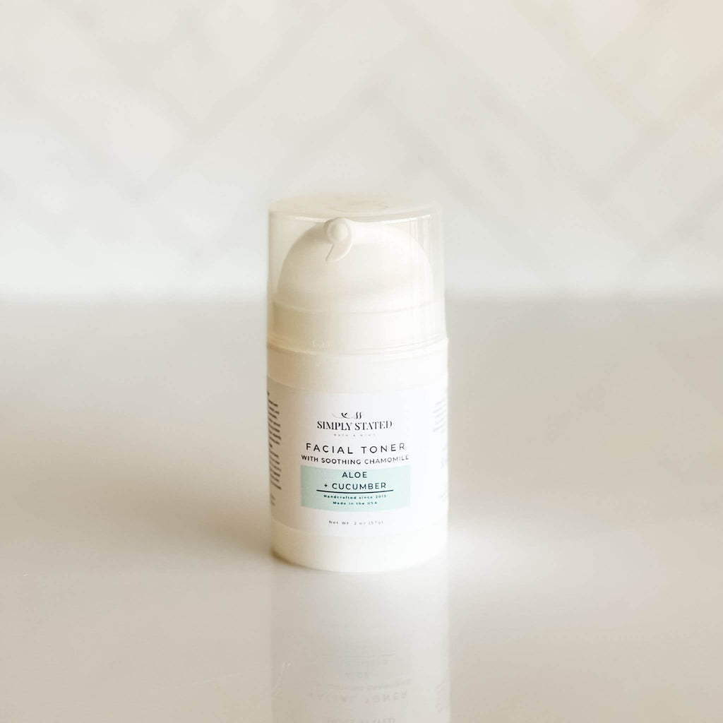 Simply Stated Aloe + Cucumber Facial Toner in 2oz airless pump bottle, hydrating and soothing with chamomile and cucumber extracts.