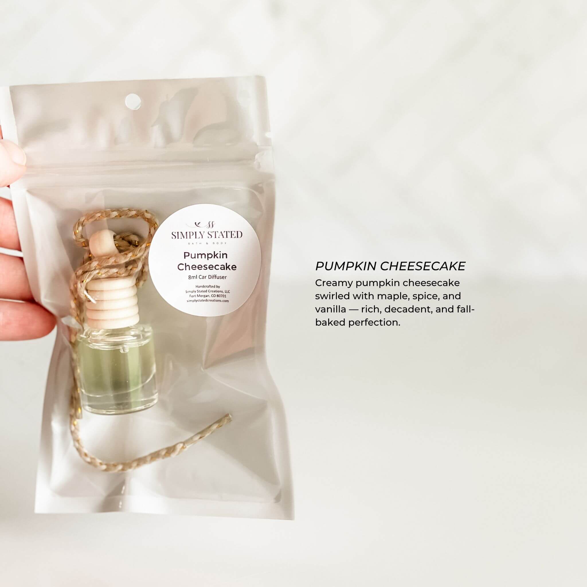Pumpkin cheesecake-scented product in a clear bag with a label on a white background