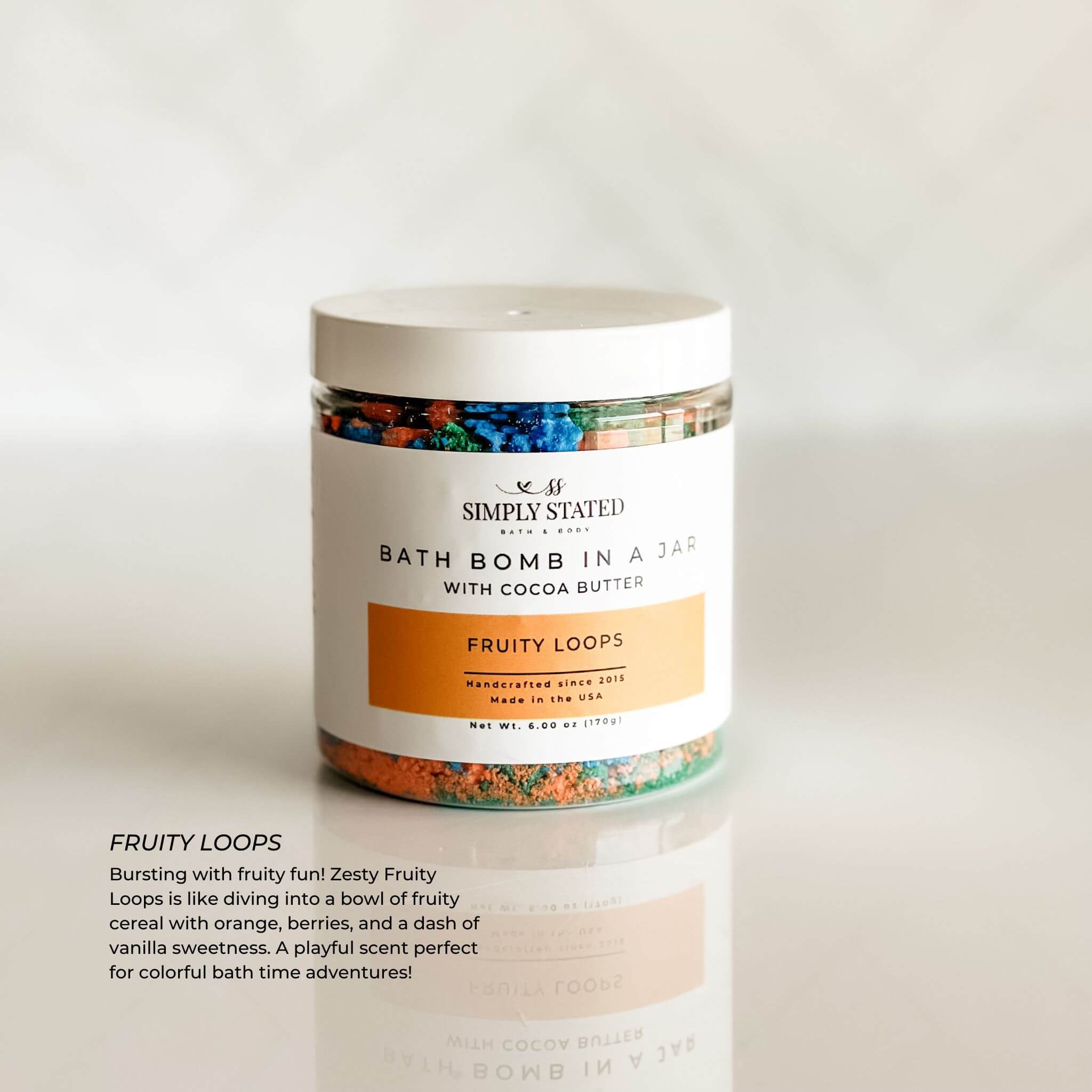 Kids Bath Bomb in a Jar – Fruity Loops scent, inspired by fruity cereal with kid-safe ingredients for a fun bath experience.