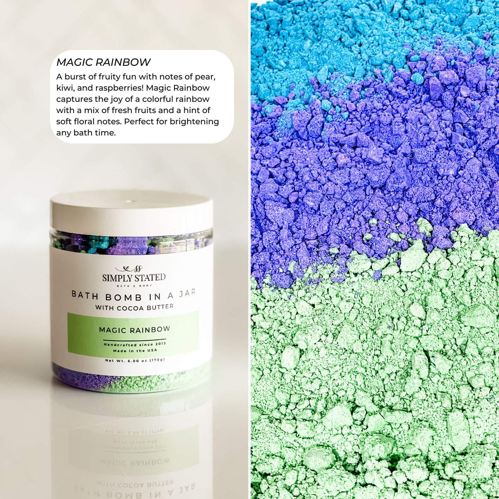 Bath bomb in a jar with colorful bath bomb mix on a white background