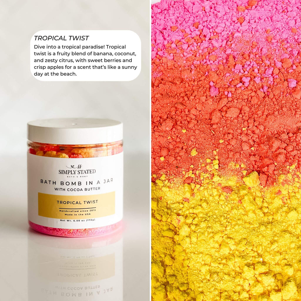 Bath bomb in a jar with colorful bath bomb mix on a white background