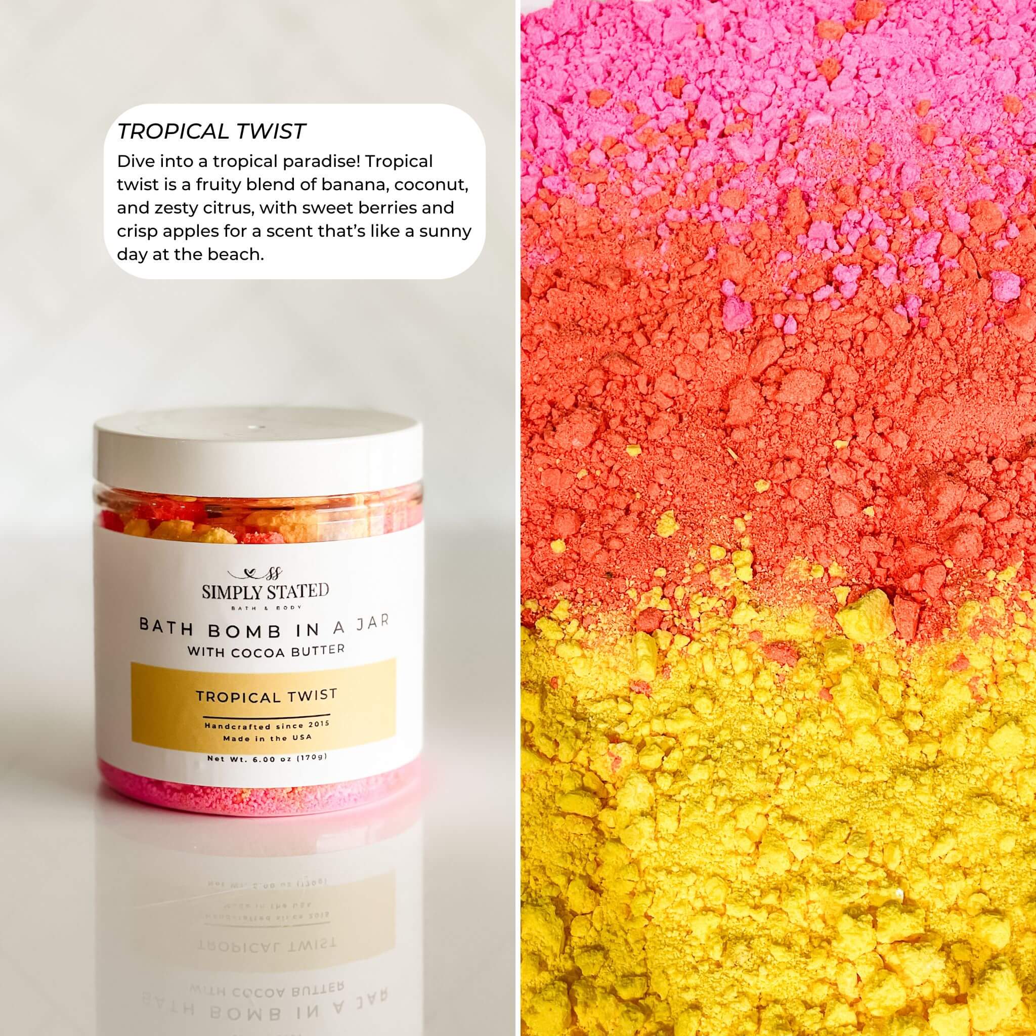 Bath bomb in a jar with colorful bath bomb mix on a white background