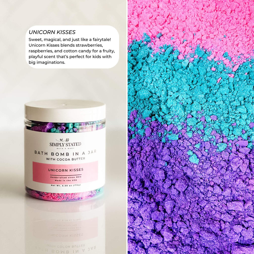 Bath bomb container labeled 'Unicorn Kisses' with colorful bath bomb powder on a white background