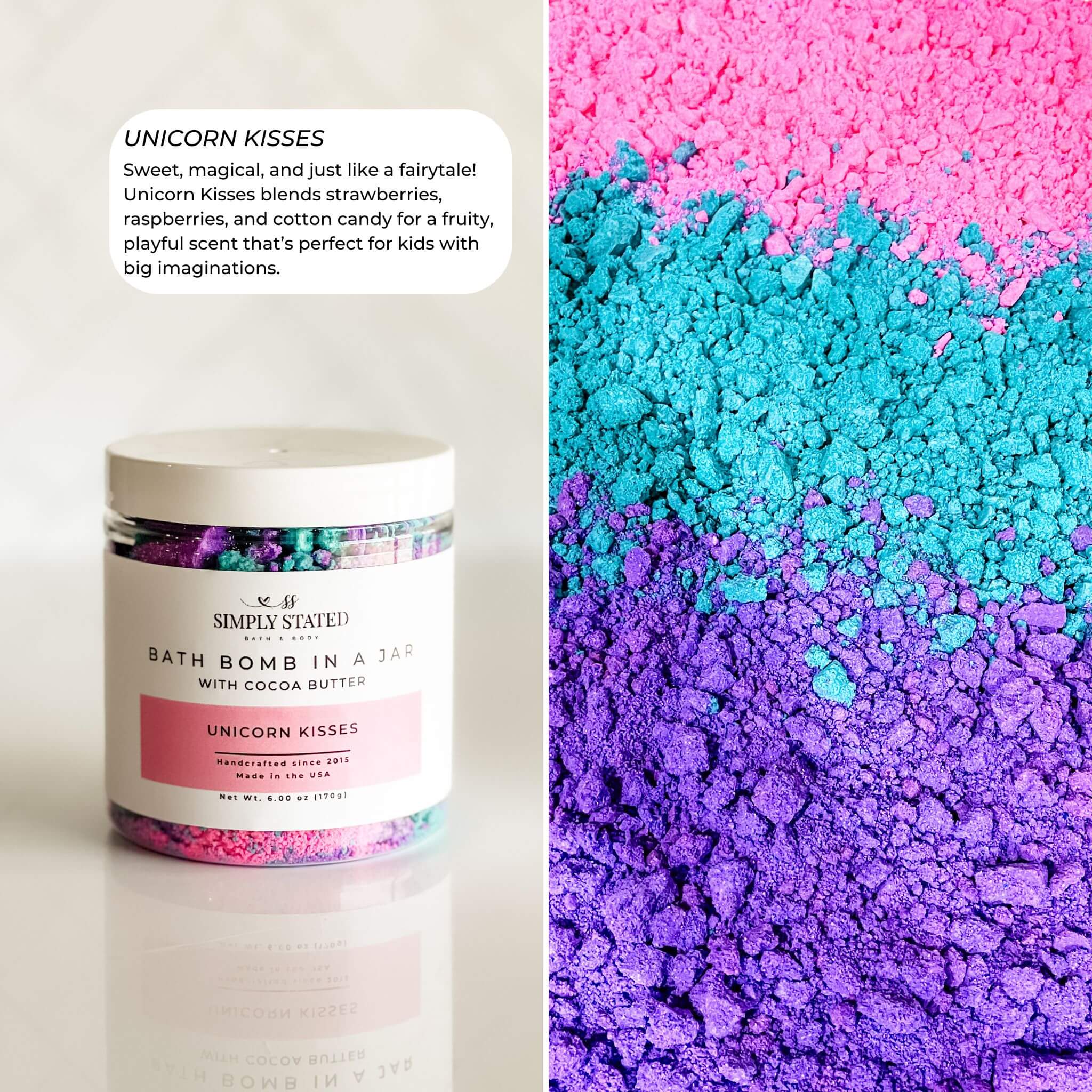 Bath bomb container labeled 'Unicorn Kisses' with colorful bath bomb powder on a white background