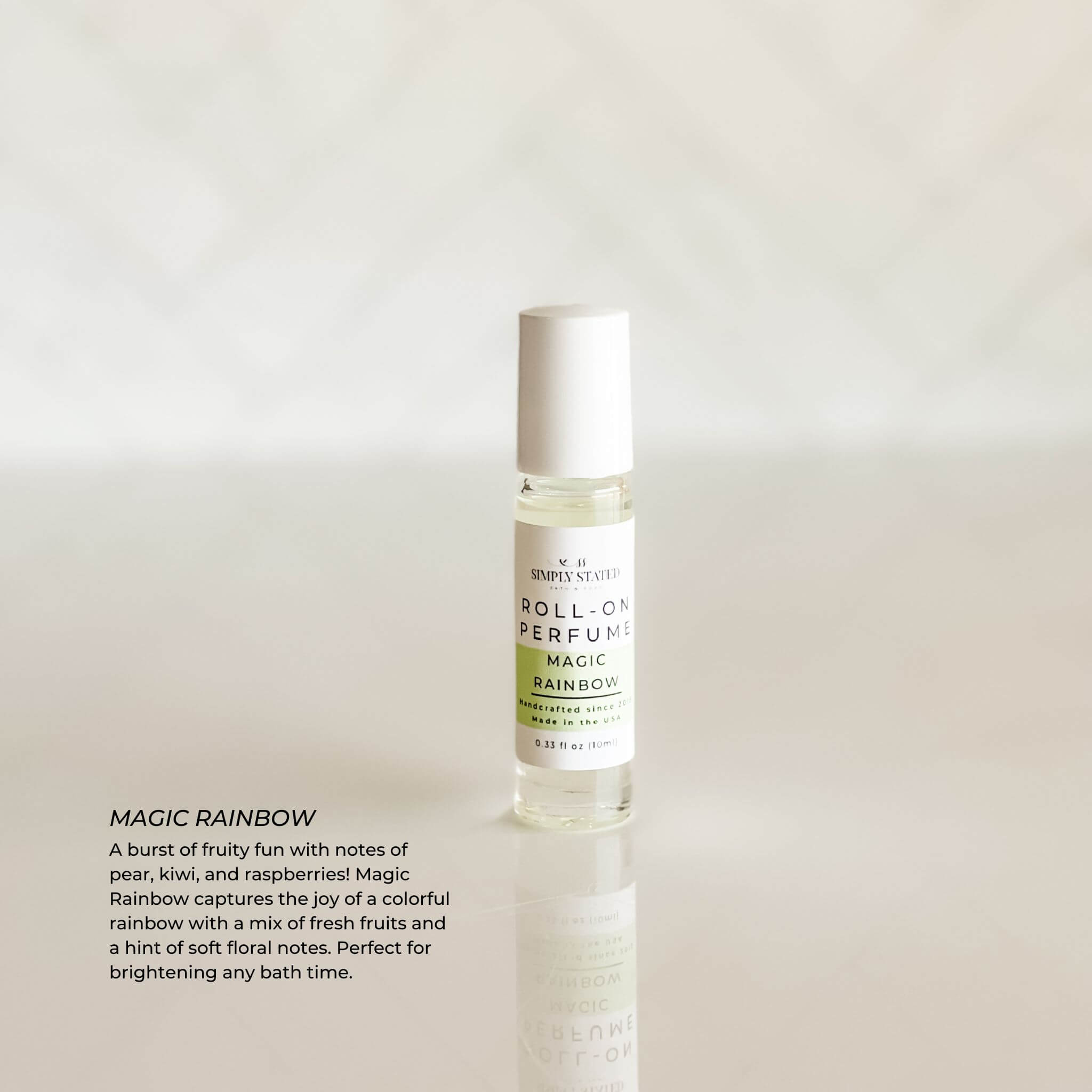 Simply Stated Bath & Body’s Magic Rainbow Roll-On Perfume for kids, featuring fruity and floral notes in a compact and skin-friendly formula.