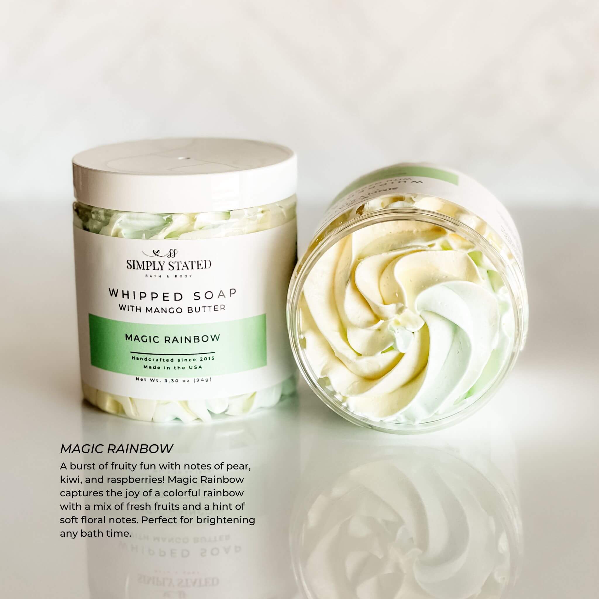 Simply Stated Bath & Body Magic Rainbow Whipped Soap for kids. A colorful swirl of pastel hues with fruity notes of pear, kiwi, and raspberries, this whipped soap brings vibrant joy to bath time. Made with nourishing mango butter.