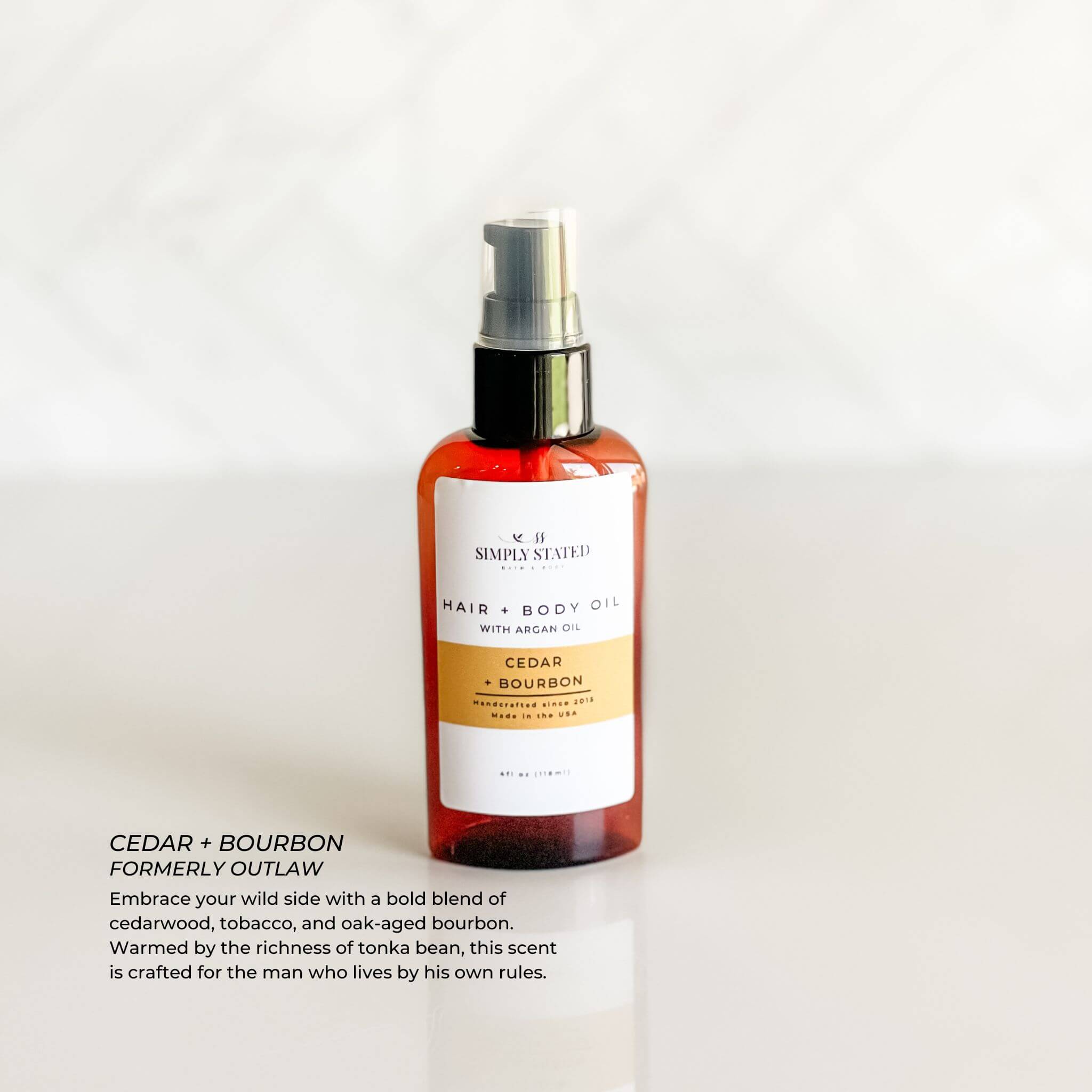 Cedar + Bourbon Beard + Body Oil for Men in amber bottle with warm-toned label