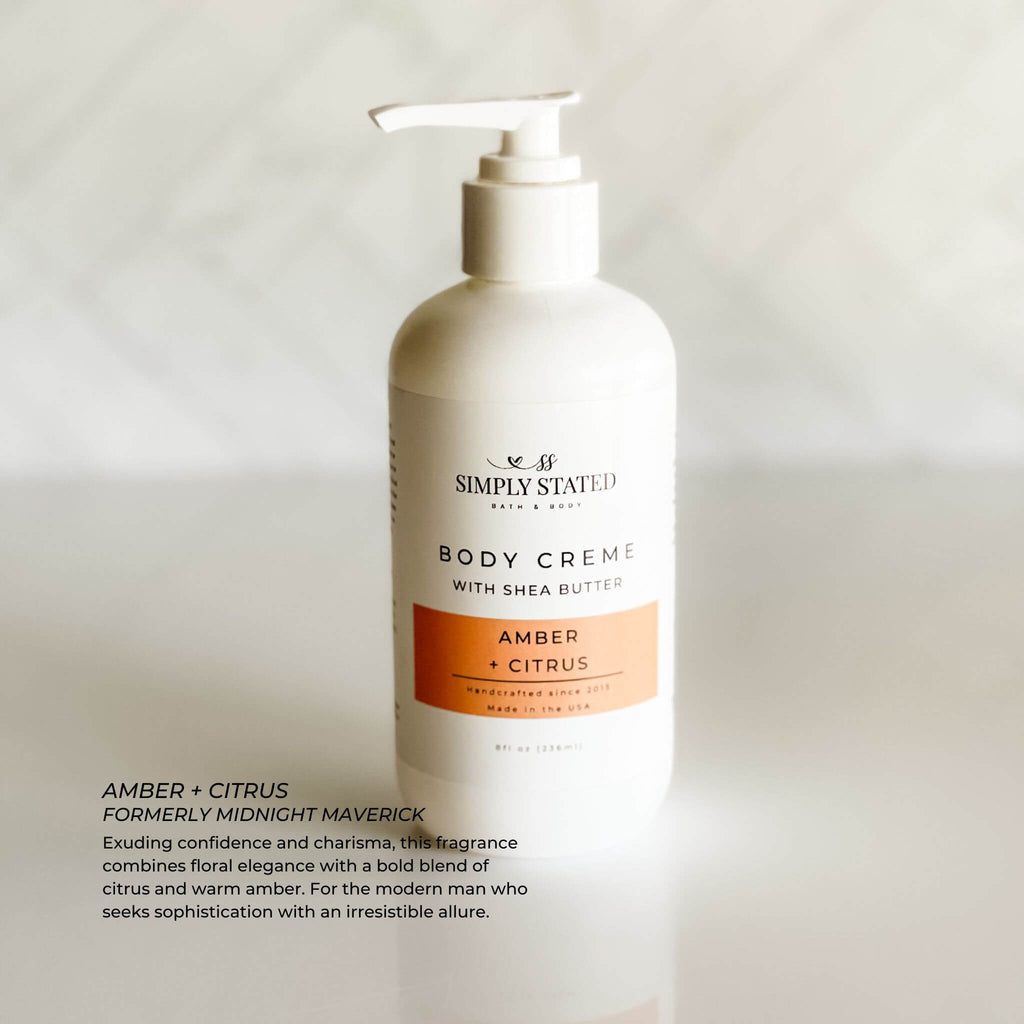 Amber + Citrus body creme in 8 oz pump bottle, minimalist design for men.