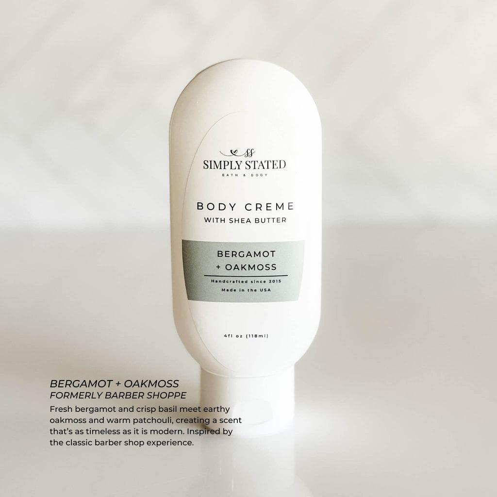 Bergamot + Oakmoss 4 oz men's body lotion bottle shown on white backdrop.