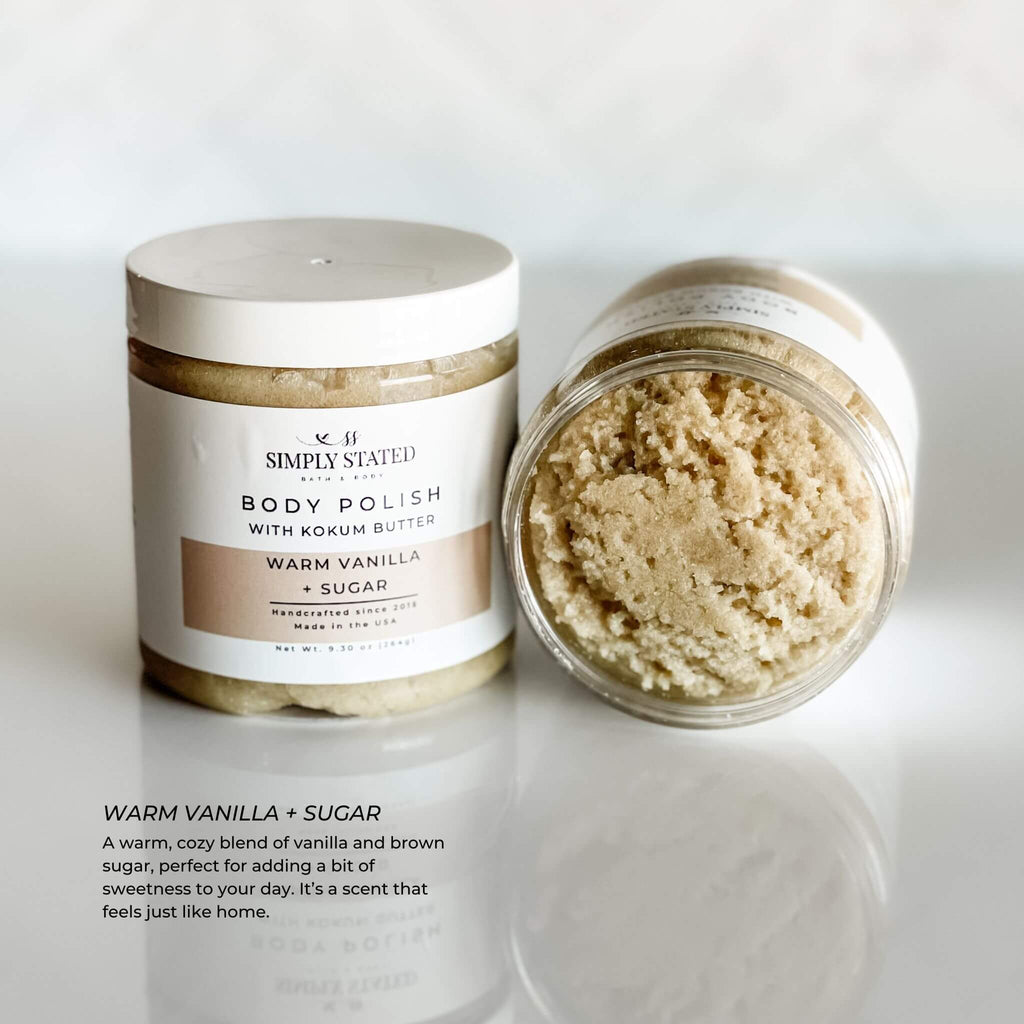Simply Stated Body Polish in Warm Vanilla + Sugar scent, a warm exfoliating scrub with kokum butter, blending vanilla and brown sugar for a cozy, sweet self-care experience. 9.3 oz jar with updated label design.