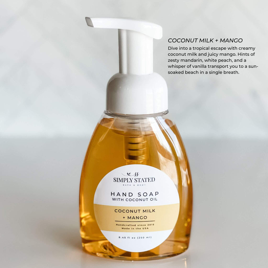Coconut Milk + Mango Signature Hand Soap by Simply Stated Bath & Body, shown in an 8oz pump bottle with a creamy and fruity scent, crafted with coconut oil for a nourishing cleanse.