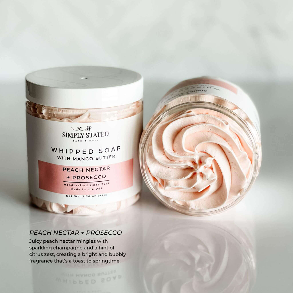 Peach Nectar + Prosecco Whipped Soap jar and open swirl close-up.
