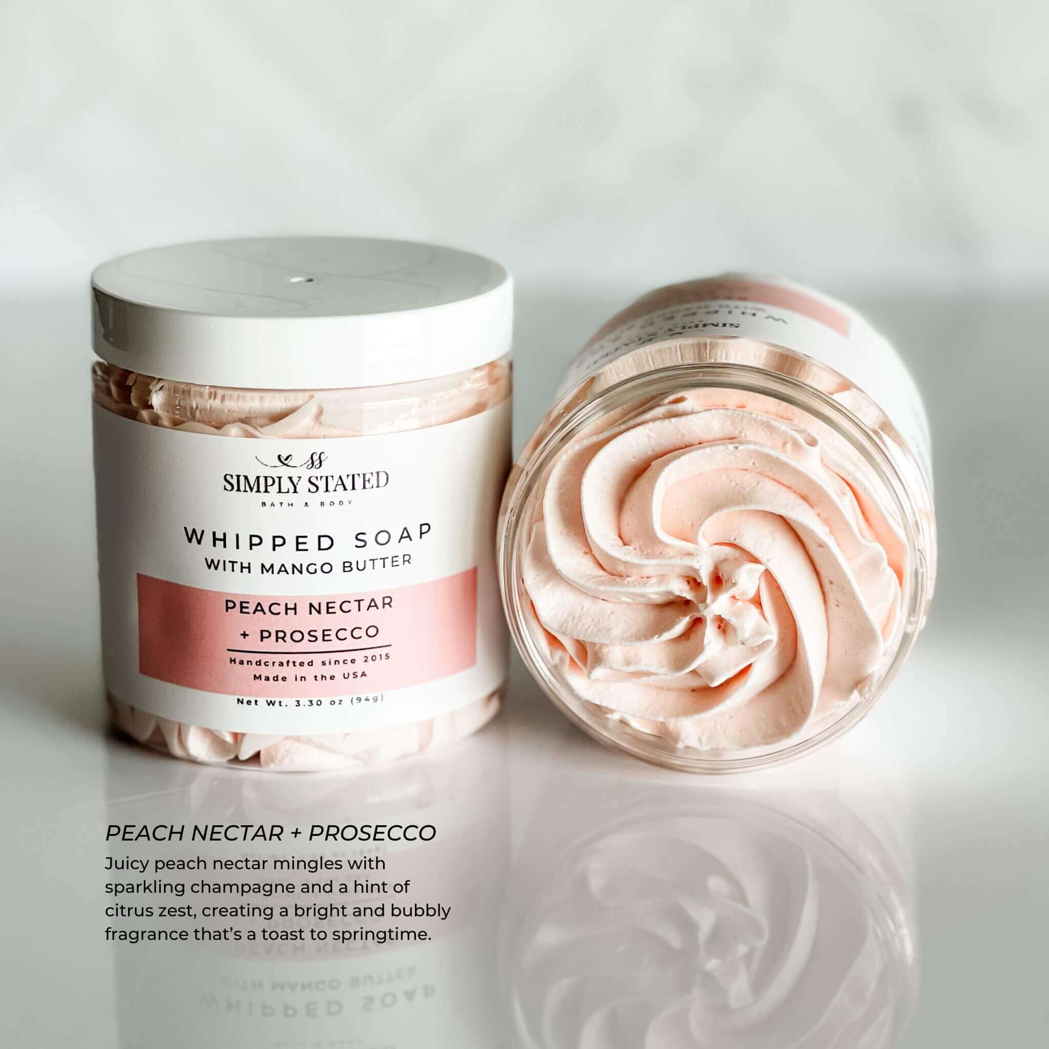 Peach Nectar + Prosecco Whipped Soap jar and open swirl close-up.