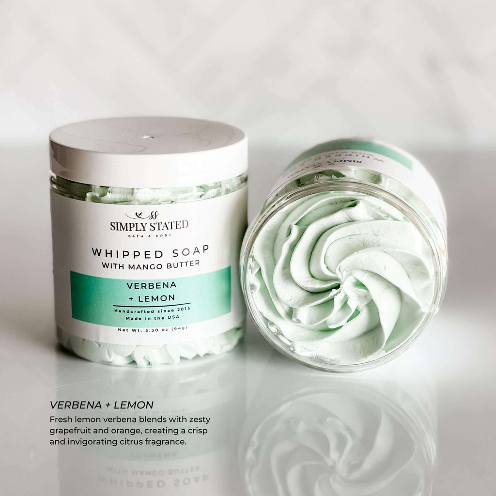 Verbena + Lemon Whipped Soap jar and open swirl close-up.