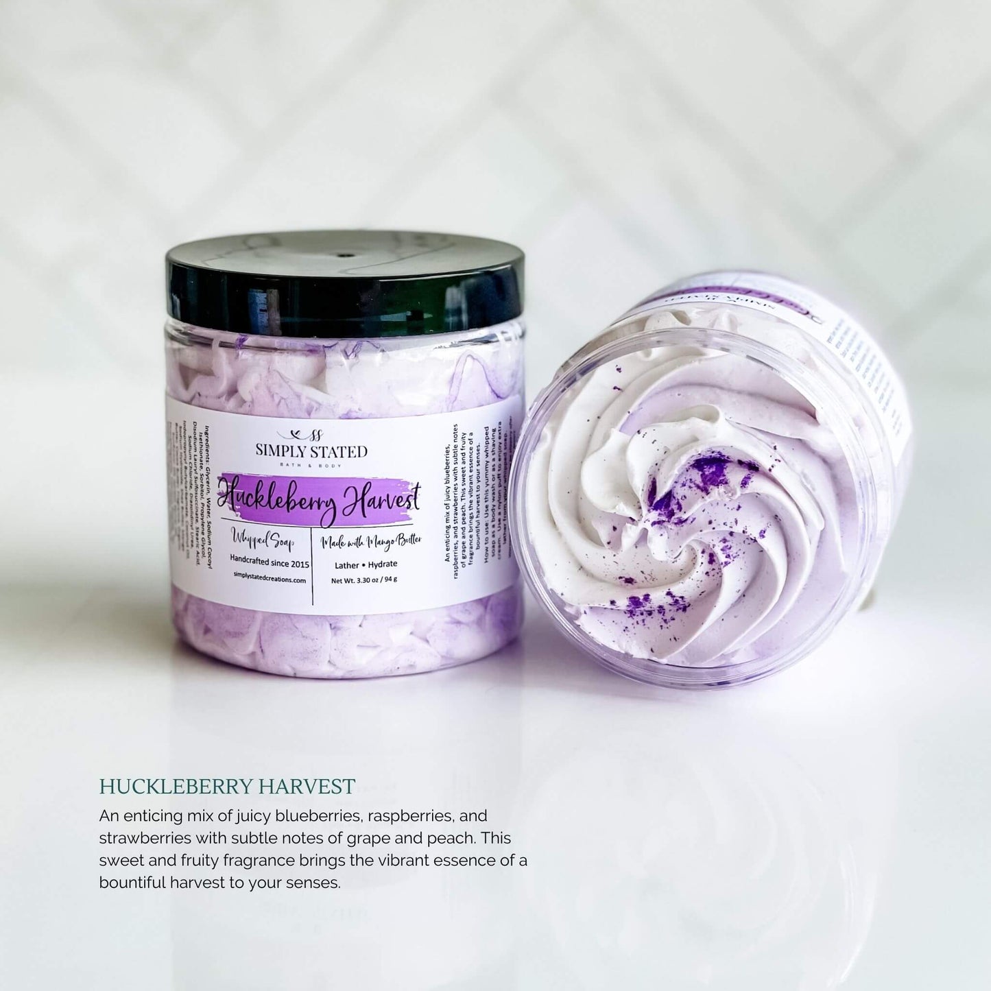 Autumn Vibes Whipped Soap in Huckleberry Harvest: An enticing mix of juicy blueberries, raspberries, and strawberries with subtle notes of grape and peach. This sweet and fruity fragrance brings the vibrant essence of a bountiful harvest to your senses.