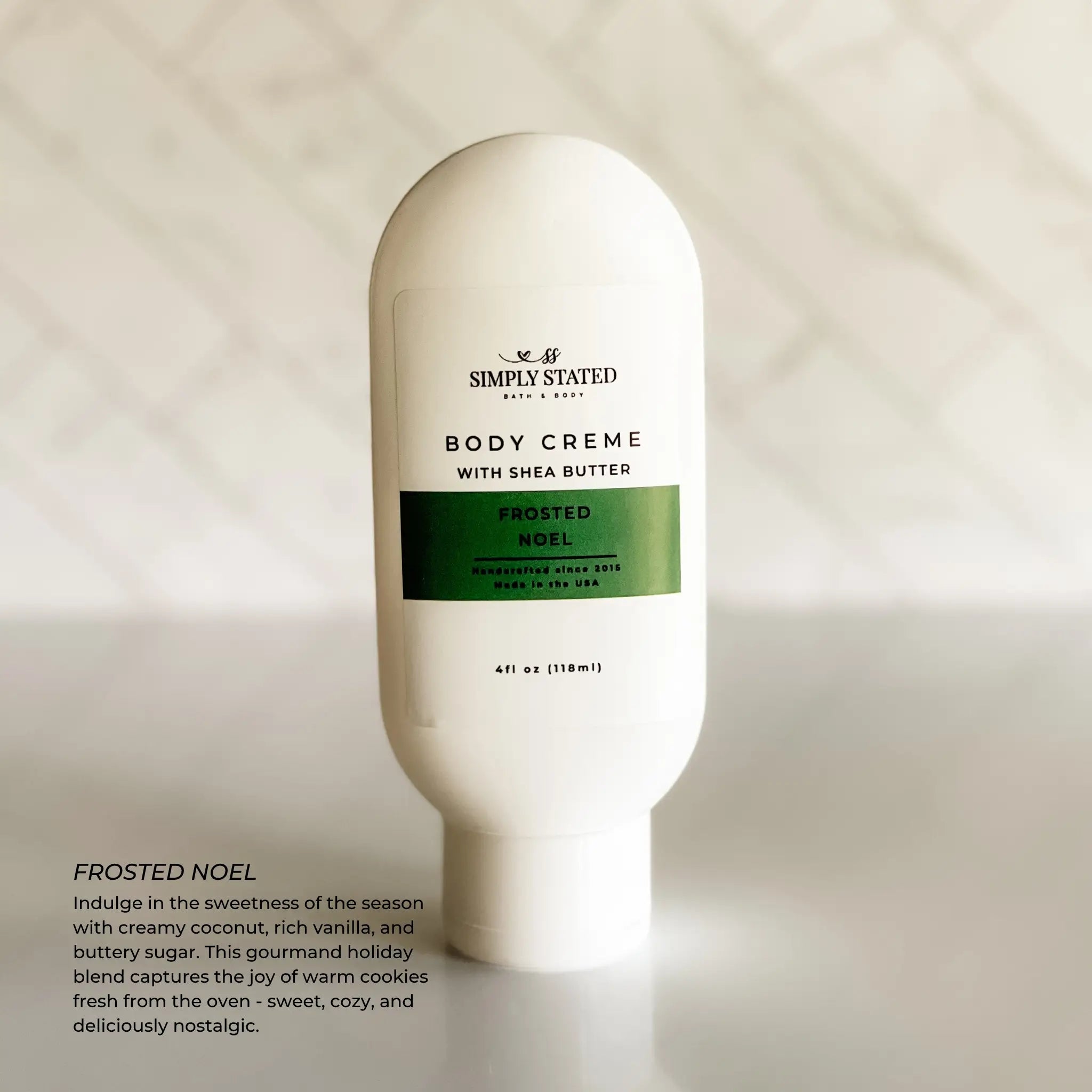 Body crème bottle with 'Simply Stated' branding on a neutral background