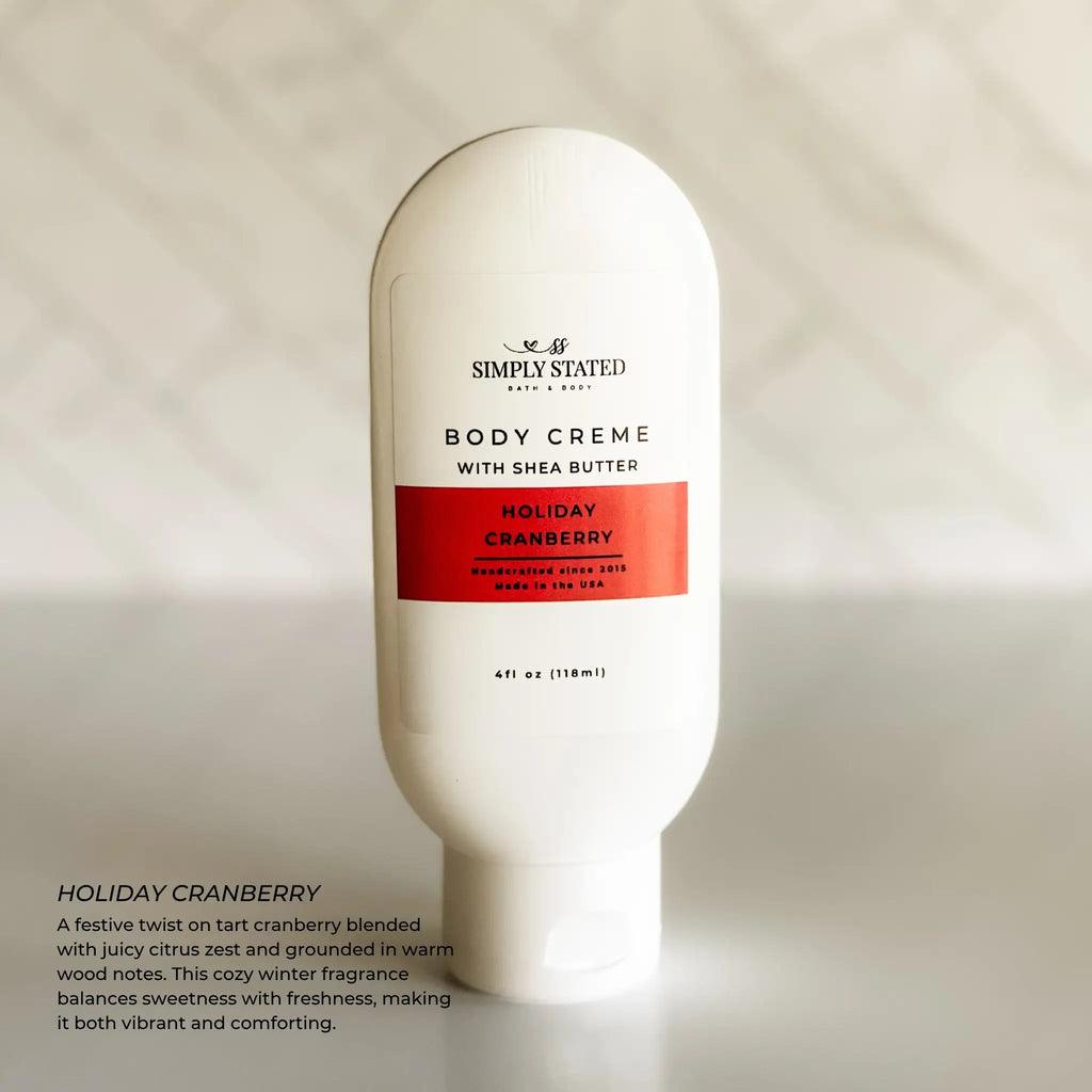 Body crème bottle with 'Simply Stated' label on a neutral background