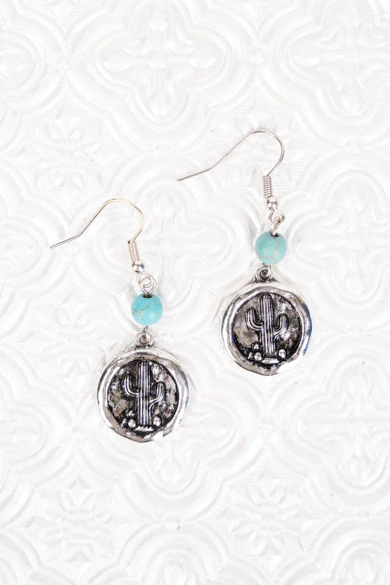 TURQUOISE BEAD AND SILVERTONE CACTUS DISK EARRINGS